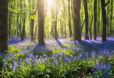 Beautiful bluebells blooming in a forest in springtimeの素材