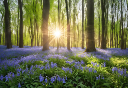 Bluebells in a forest with sunbeams in the backgroundの素材