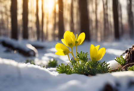 Yellow crocuses in the winter forest on a sunny day.の素材