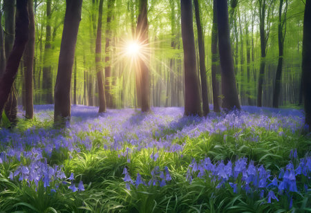 Bluebells in a spring forest at sunset, England, UKの素材