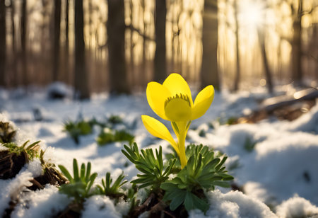 Beautiful yellow crocus flower in the snow. Early spring.の素材