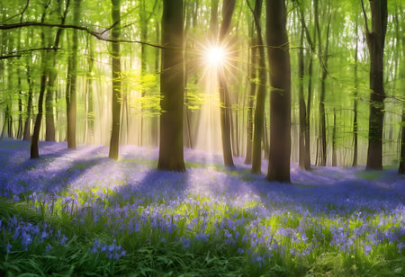 Bluebells in a spring forest with sunbeams and lens flareの素材