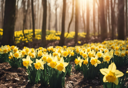 Yellow daffodils in the spring forest. Narcissus is a genus of perennial herbaceous flowering plants.の素材