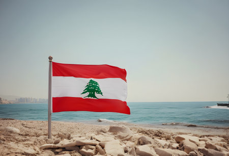 Flag of Lebanon on the beach. Vintage style. Selective focus.の素材
