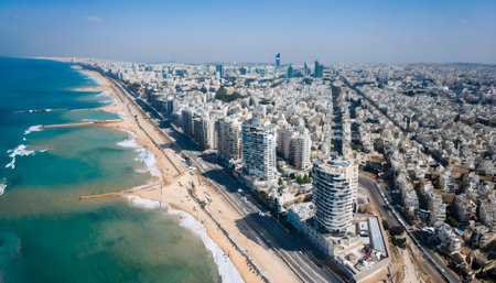 Aerial view of Tel Aviv, Israel. Tel Aviv is the largest city in Israel.の素材