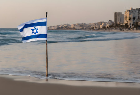 Israel flag on the beach. Israel is a state of Israel.の素材