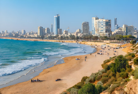 View of Tel Aviv beach, Israel. Tel Aviv is the capital and largest city of Israel.の素材