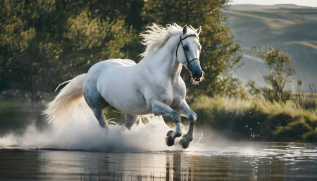White horse galloping in water on sunny day. Beautiful stallionの素材