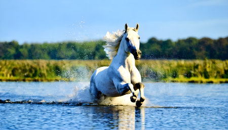 Beautiful white horse galloping in the water on a sunny dayの素材