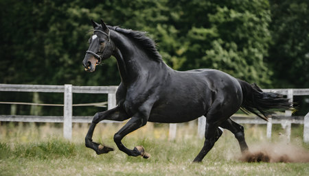 Black friesian stallion galloping on pasturage in summerの素材