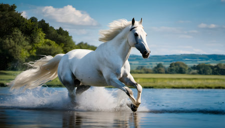 White arabian stallion running in water on sunny summer dayの素材