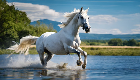 White arabian stallion galloping in water, summertimeの素材