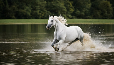 White arabian stallion galloping in water on natural backgroundの素材