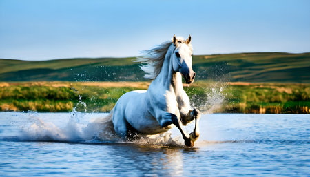 White horse galloping in water on a background of green hills.の素材