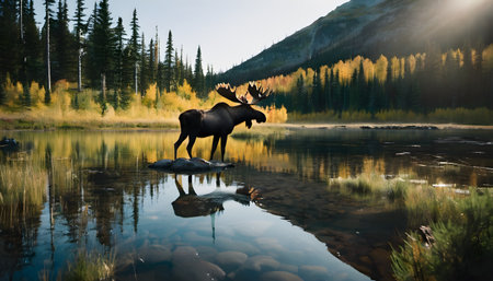 Moose in Jasper National Park, Alberta, Canada. The moose is reflected in the lake.の素材