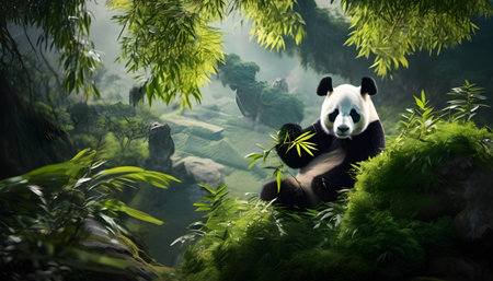A giant panda in the jungle. 3D Rendering.の素材