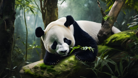 Giant panda eating bamboo in the jungle. Giant panda in the forestの素材