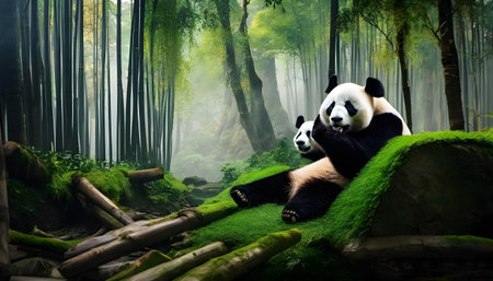 Giant panda bear in the forest, Chengdu, Chinaの素材