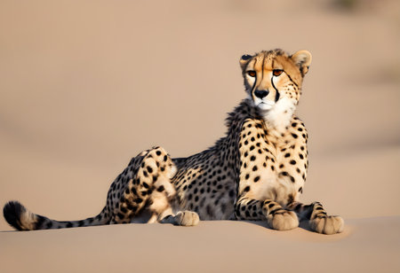 Cheetah sits on sand in Namib desert, Namibiaの素材