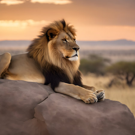 Lion lying on a rock at sunset in Kruger National Park, South Africaの素材