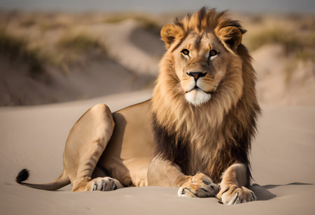 Lion in the sand in the Namib Desert, Namibiaの素材