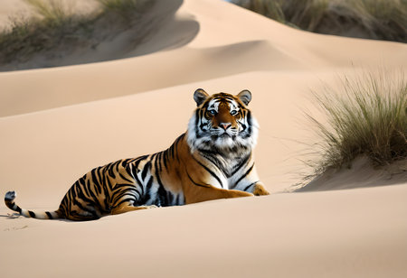 Tiger in the sand dunes of the Sahara desert, Moroccoの素材