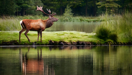 Red deer stag standing by a pond with reflection in the water.の素材