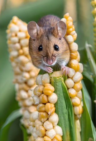 A little mouse sits on a corn cobs in the field.の素材
