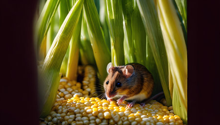 Hamster in the field of corn. Hamster eating corn.の素材