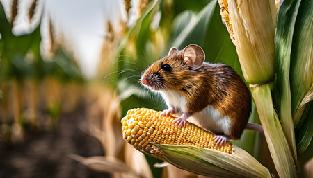 Hamster on a corn field with corn cobs in the backgroundの素材