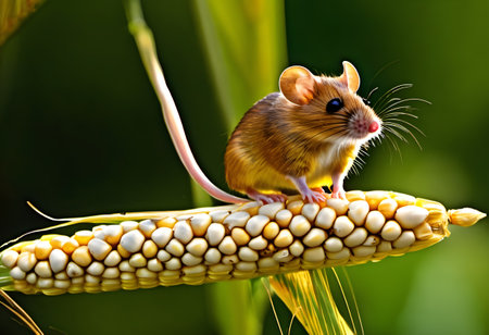 Cute little mouse on corn cobs. Animal in nature.の素材