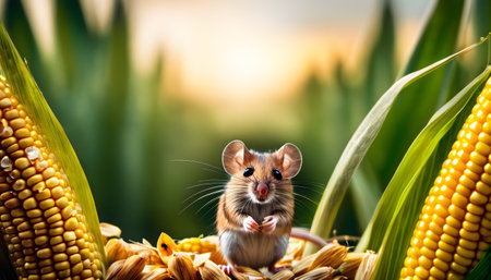 Cute little hamster on the corn field at sunset time.の素材