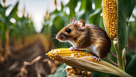 Hamster eating corn on the cob on a corn field background.の素材