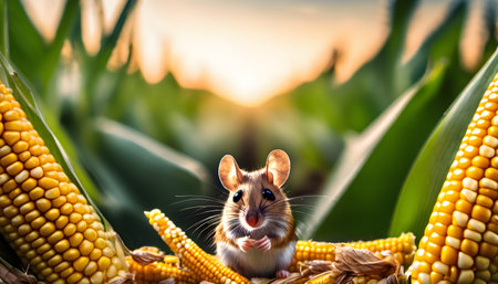 Cute little mouse in a cornfield on a sunny summer dayの素材