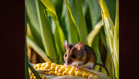 Hamster on a corn cobs in a field of corn.の素材