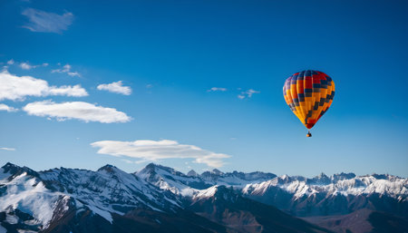 Hot air balloon over Himalaya mountains at sunset, Annapurna Circuit, Nepalの素材