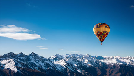 Hot air balloon flying in the blue sky over the Himalayasの素材
