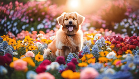 Cute Golden Retriever puppy sitting in a field of flowersの素材