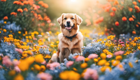 Cute golden retriever dog sitting in the flower meadow.の素材