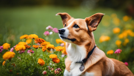 Cute welsh corgi dog in the meadow with flowersの素材