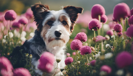 Portrait of a cute dog on a background of pink flowers.の素材