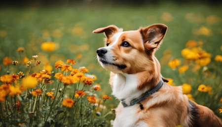 Cute red welsh corgi dog sitting in the field with orange flowersの素材
