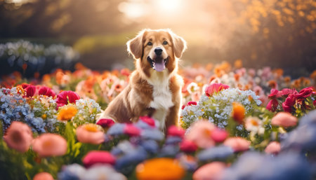 Cute golden retriever dog sitting in a field of flowers.の素材