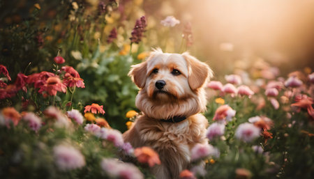 Cute Golden Retriever dog sitting in the flower garden.の素材