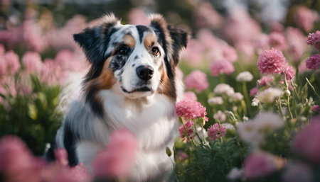 Australian shepherd dog in pink flowers field. Selective focus on the dogの素材
