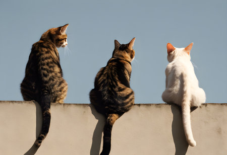 Group of cats sitting on a wall in the sun with blue skyの素材
