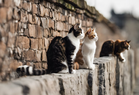 Group of stray cats sitting on the wall. Selective focus.の素材