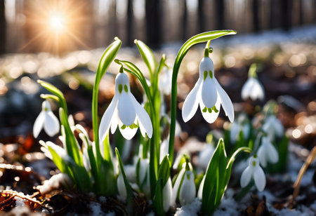 Beautiful snowdrop flowers blooming in the forest. Early spring.の素材