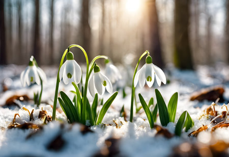 Snowdrop flowers in the forest. Early spring in Europe. Beauty in nature.の素材