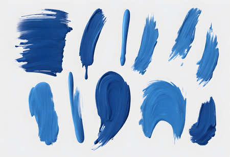 Blue paint brush strokes set isolated on white background. Vector illustration.の素材